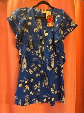 FARM Rio Blue Floral ruffle sleeve Dress size- large